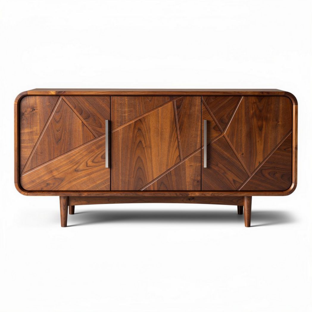 Walnut wood sideboard with geometric design and three storage compartments