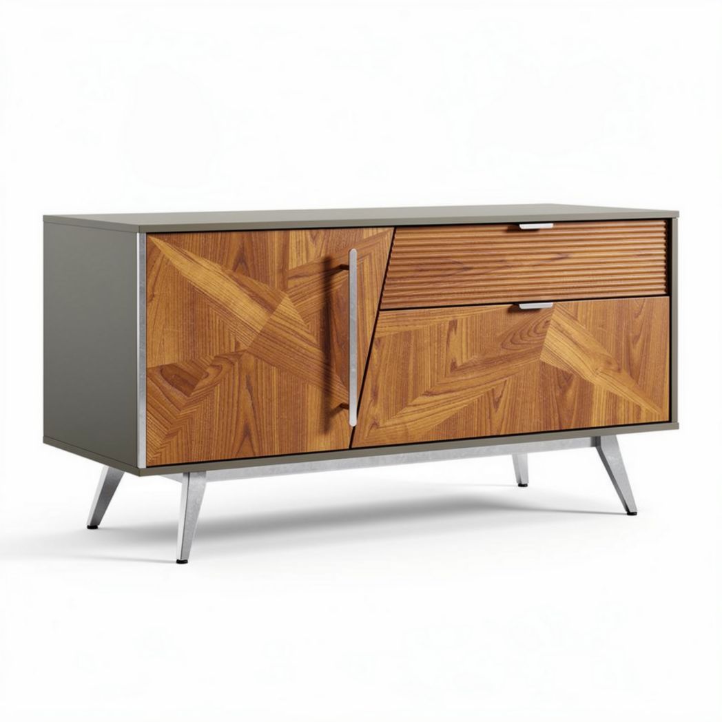 Wooden sideboard with geometric design and metal legs 150 x 40 x 70cm