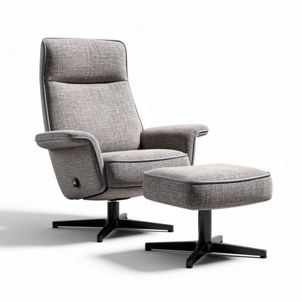 Gray upholstered reclining chair with ottoman and swivel base dimensions 80 x 80 x 100cm