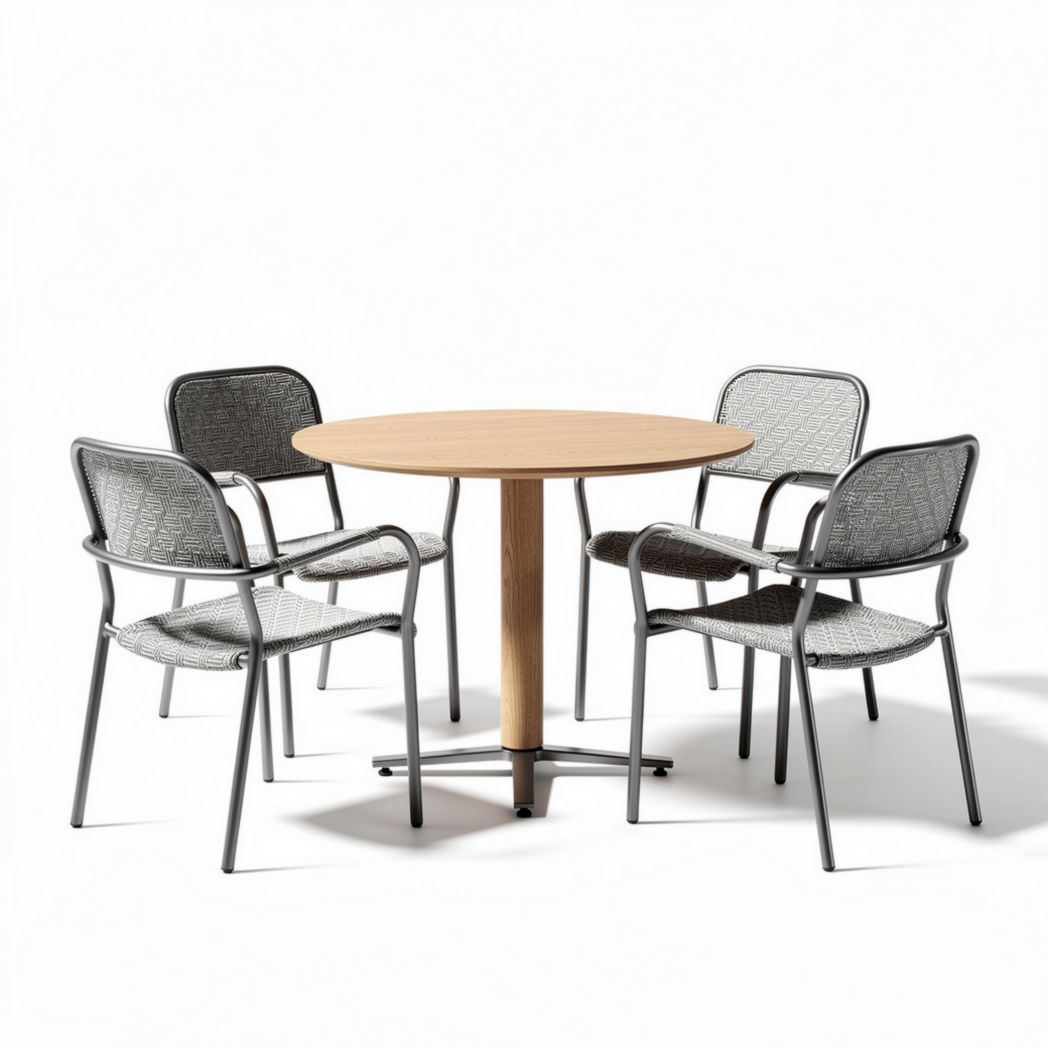 White outdoor dining set with round table and four resin chairs 75 x 75 x 75cm