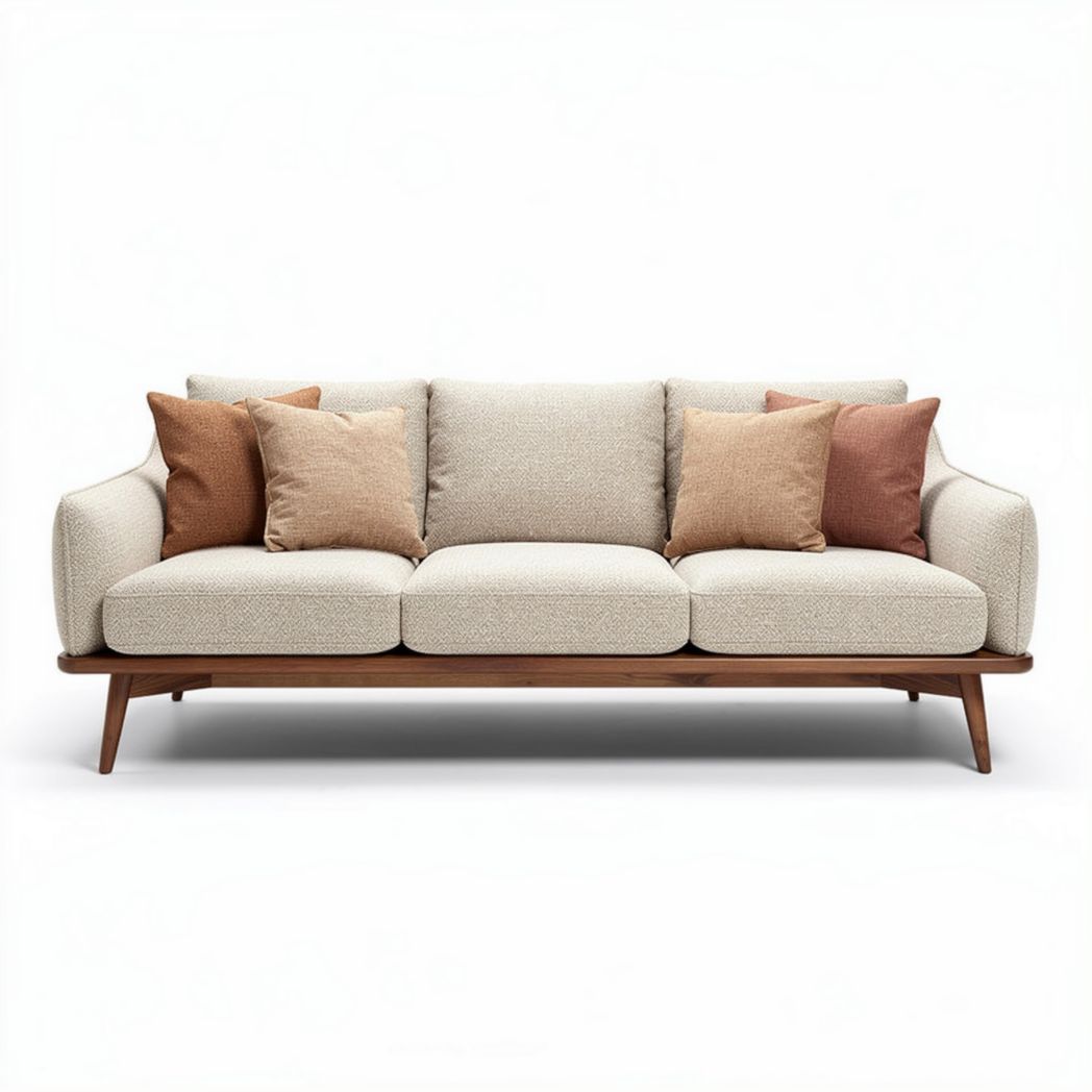 Modern fabric sofa with wooden legs and decorative throw pillows 200 x 90 x 80cm