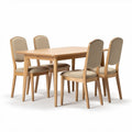 Wooden dining table set with four upholstered chairs in light color 150 x 90 x 75cm