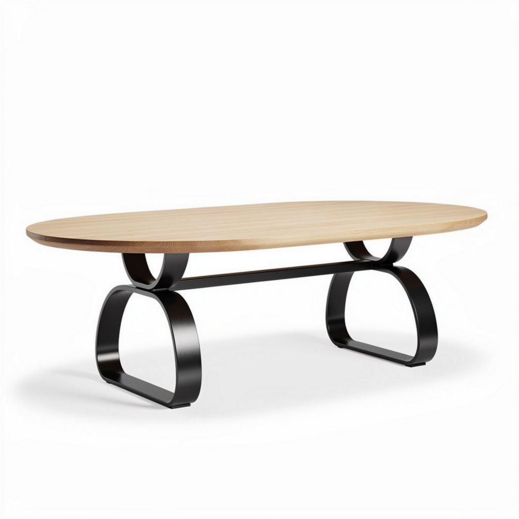 Oval wooden coffee table with black metal base 150 x 80 x 75cm
