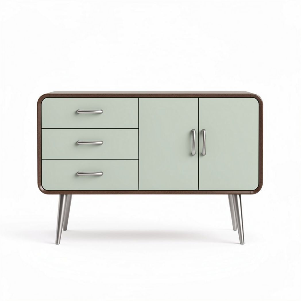 Wood and glass sideboard with three drawers and two doors in mint green 80 x 40 x 75cm