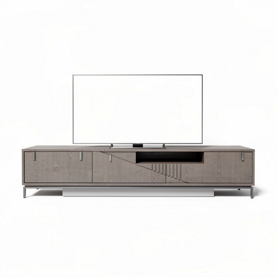 Modern media console with sliding doors and open storage space in gray wood 150 x 40 x 50cm