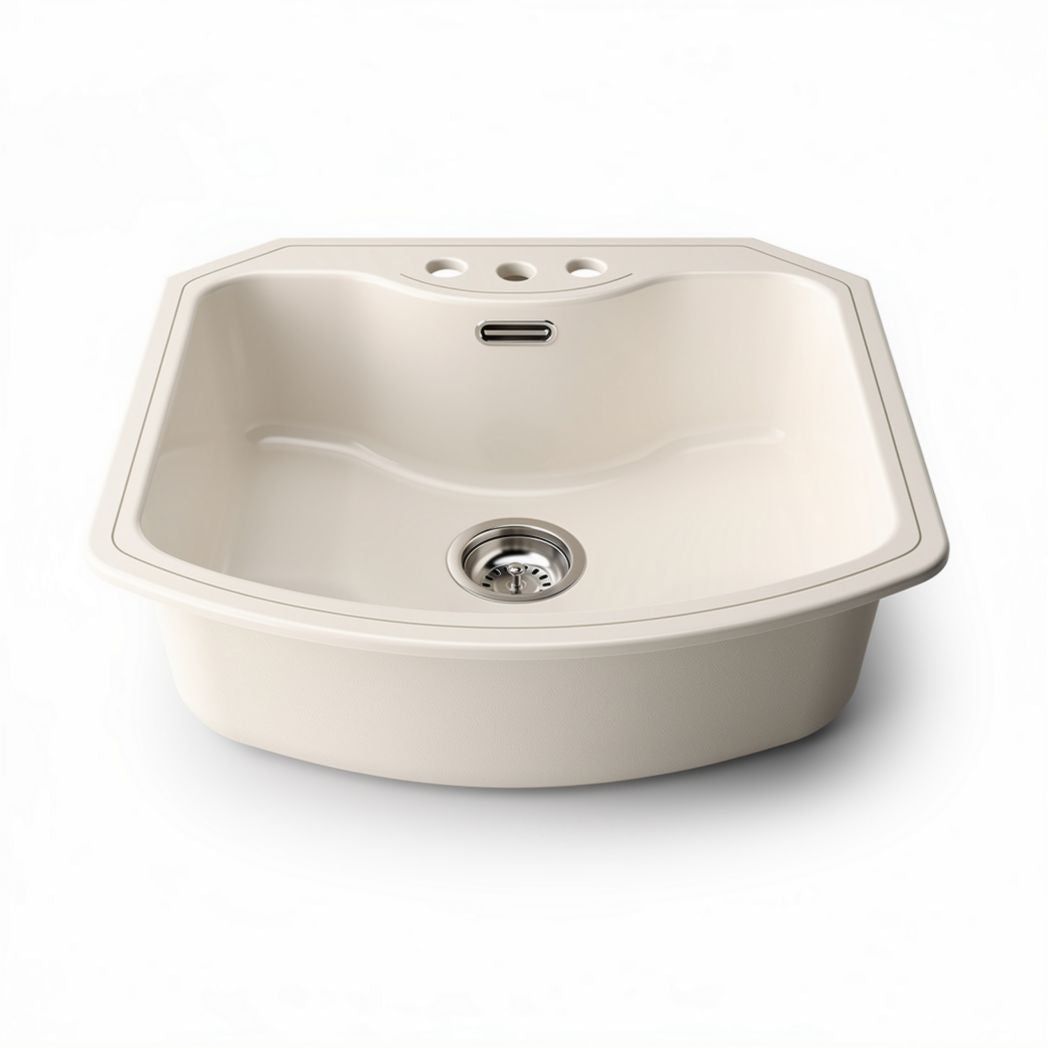 Ceramic kitchen sink with integrated drain and faucet holes in cream 50 x 50 x 20cm