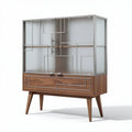 Glass display cabinet with walnut finish and geometric design 75 x 40 x 120cm
