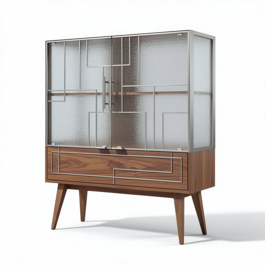 Glass display cabinet with walnut finish and geometric design 75 x 40 x 120cm