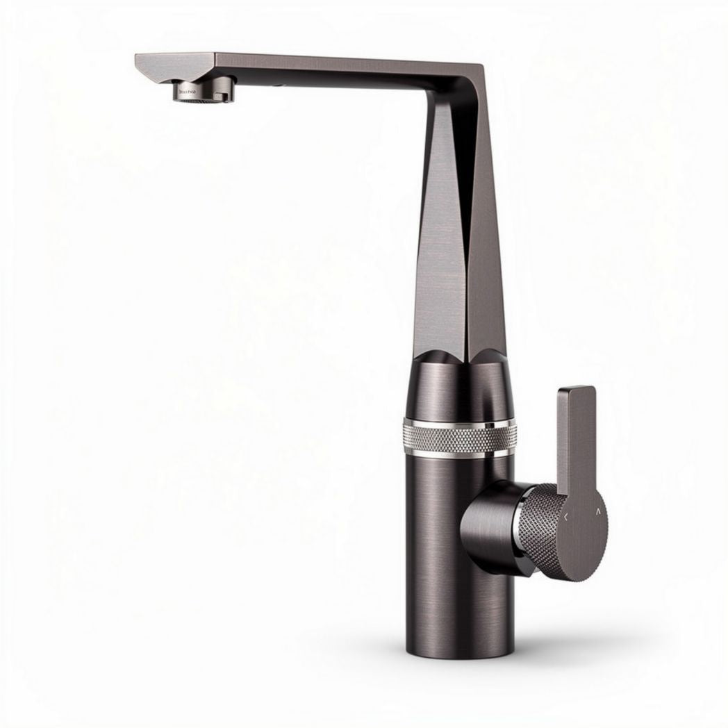 Brushed black finish kitchen faucet with single handle and 360-degree rotation