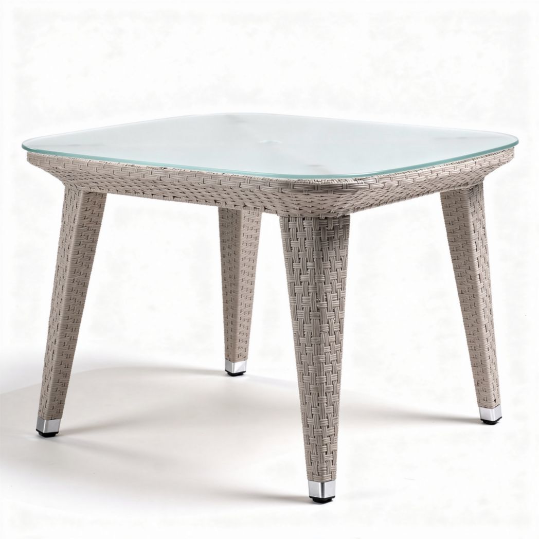 Glass top outdoor square dining table with wicker frame 90 x 90 x 75cm