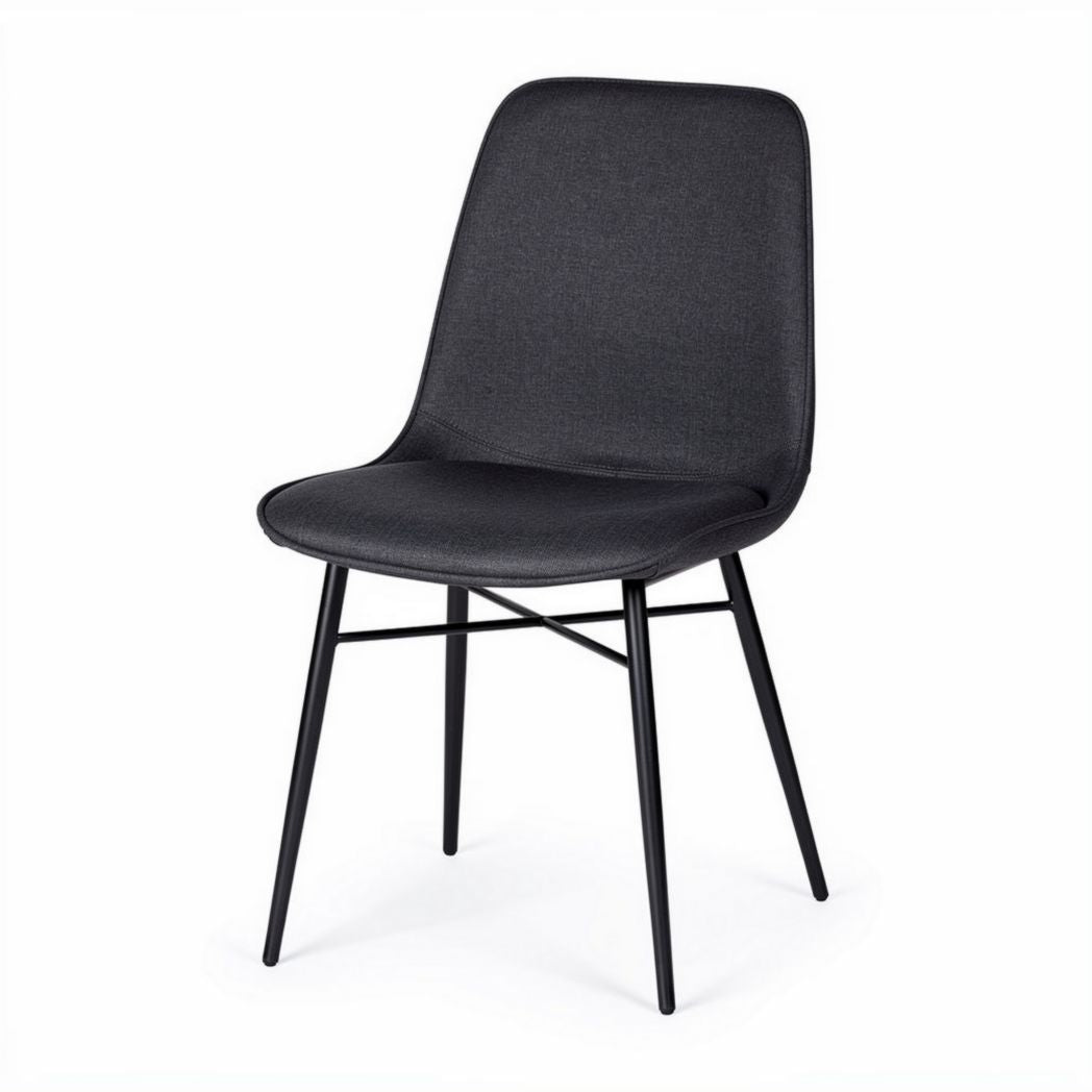 Upholstered dining chair with black metal legs in dark grey fabric 45 x 45 x 90cm